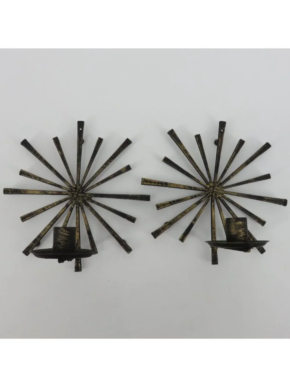 Brutalist Set of 2 Black Gold Metal Starburst Hanging Wall Candle Sconces VTG